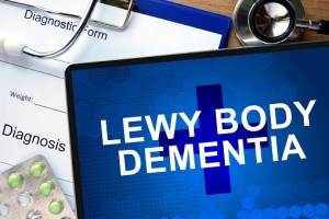 Diagnostic form with diagnosis Lewy body dementia and pills.